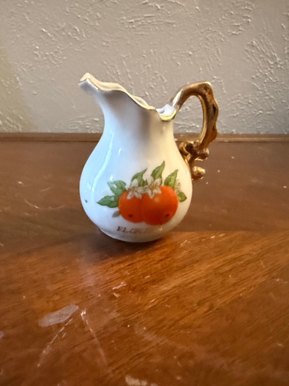 Vintage Florida White Mini Porcelain Creamer with Orange Fruit Motif and Gold
